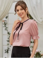 Tie Neck Flounce Sleeve Blouse