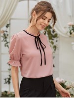 Tie Neck Flounce Sleeve Blouse