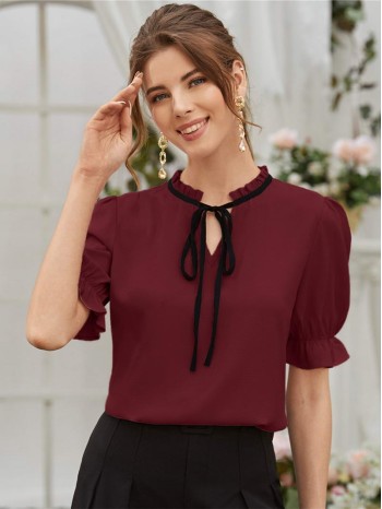 Tie Neck Flounce Sleeve Blouse