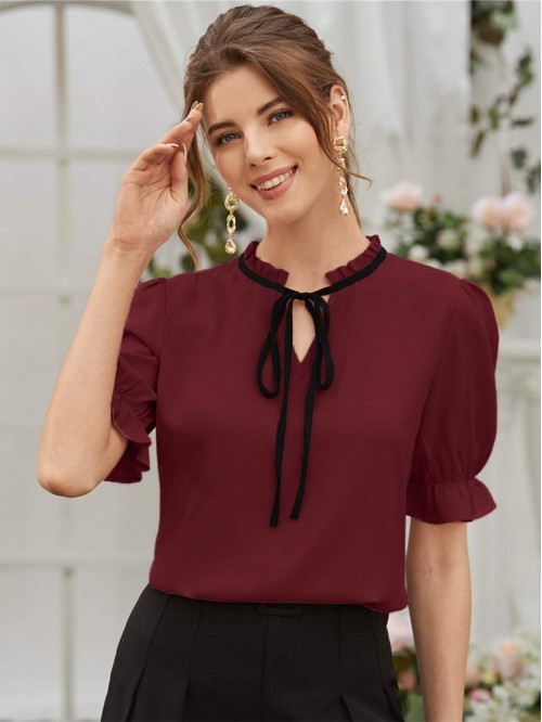 Tie Neck Flounce Sleeve Blouse