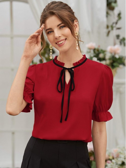 Tie Neck Flounce Sleeve Blouse