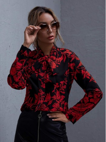 Tie Neck Floral Print Top