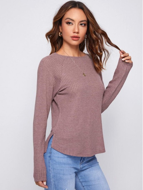 Raglan Sleeve Split Hem Waffle Knit Tee