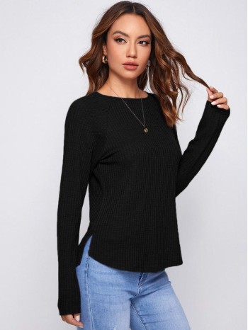 Raglan Sleeve Split Hem Waffle Knit Tee