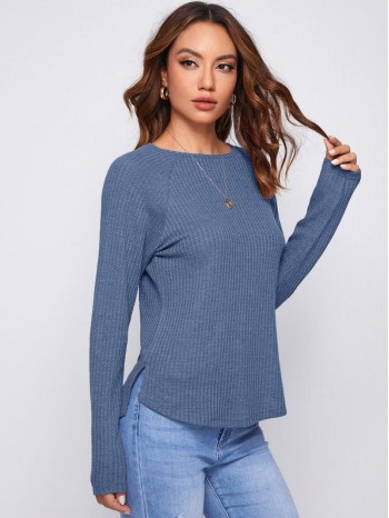 Raglan Sleeve Split Hem Waffle Knit Tee