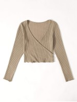 Surplice Neck Lettuce Trim Waffle Knit Top