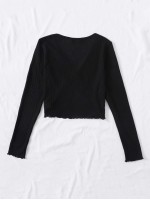 Surplice Neck Lettuce Trim Waffle Knit Top