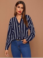 Striped Drop Shoulder Button Front Top