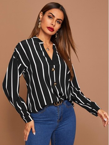 Striped Drop Shoulder Button Front Top