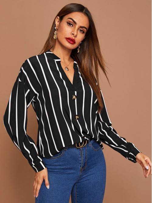 Striped Drop Shoulder Button Front Top