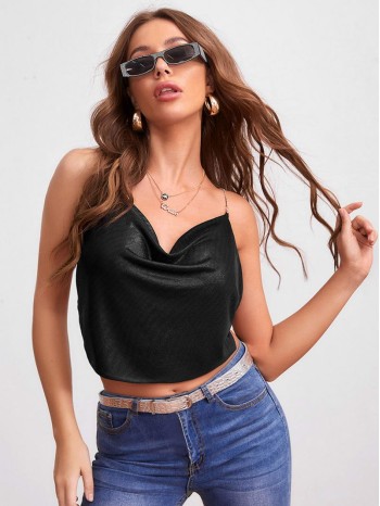 Draped Neck Rhinestone Chain Crisscross Back Satin Cami Top