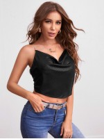 Draped Neck Rhinestone Chain Crisscross Back Satin Cami Top