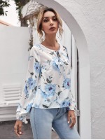 Tie Neck Lantern Sleeve Floral Top