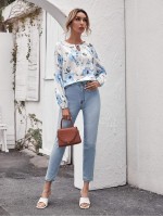 Tie Neck Lantern Sleeve Floral Top