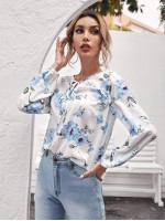 Tie Neck Lantern Sleeve Floral Top