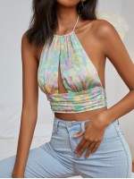 Halterneck Cut-out Ruched Ditsy Floral Crop Top