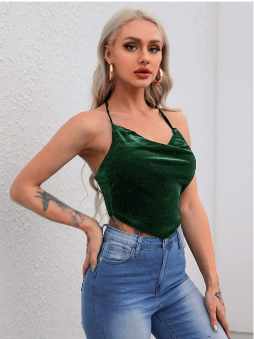 Tie Back Velvet Crop Halter Top