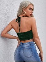 Tie Back Velvet Crop Halter Top