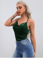 Tie Back Velvet Crop Halter Top