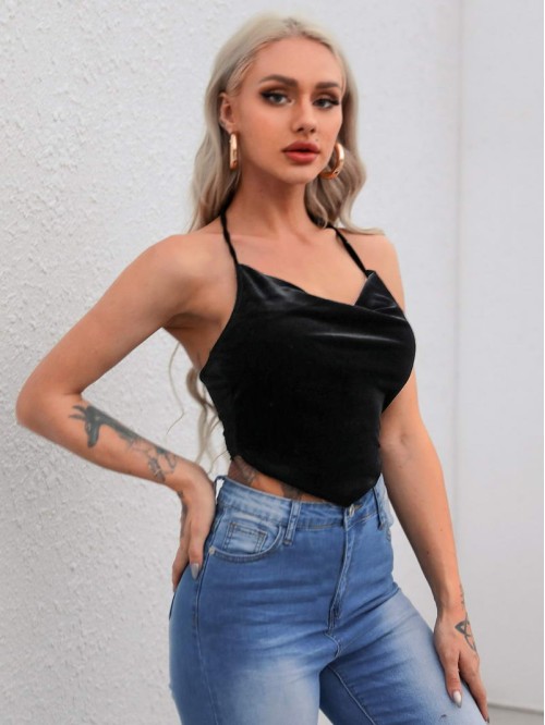 Tie Back Velvet Crop Halter Top