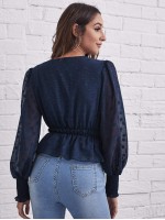 Shirred Cuff Jacquard Mesh Peplum Top