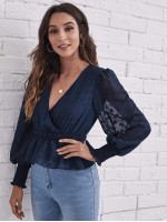 Shirred Cuff Jacquard Mesh Peplum Top