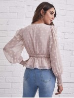 Shirred Cuff Jacquard Mesh Peplum Top