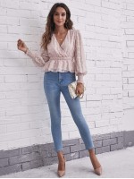 Shirred Cuff Jacquard Mesh Peplum Top