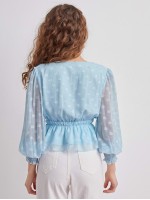 Shirred Cuff Jacquard Mesh Peplum Top