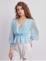 Shirred Cuff Jacquard Mesh Peplum Top