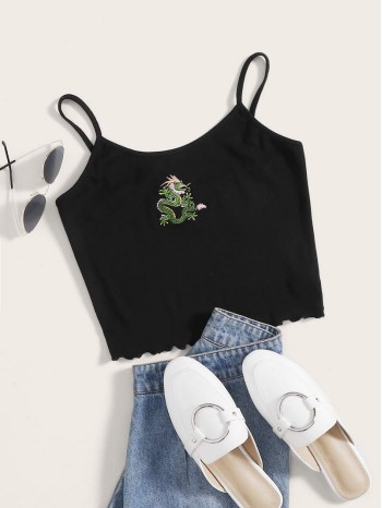 Dragon Embroidered Lettuce Hem Rib-knit Cami Top