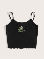 Dragon Embroidered Lettuce Hem Rib-knit Cami Top