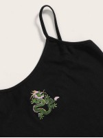 Dragon Embroidered Lettuce Hem Rib-knit Cami Top