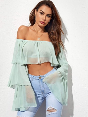 Off Shoulder Layered Sleeve Crop Top