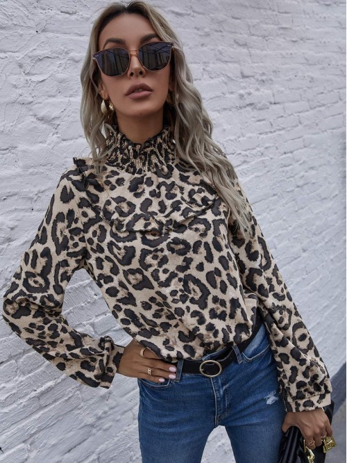 Shirred High Neck Leopard Print Blouse