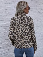 Shirred High Neck Leopard Print Blouse