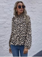 Shirred High Neck Leopard Print Blouse