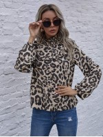 Shirred High Neck Leopard Print Blouse