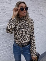 Shirred High Neck Leopard Print Blouse