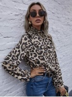 Shirred High Neck Leopard Print Blouse