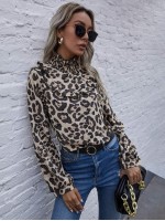 Shirred High Neck Leopard Print Blouse