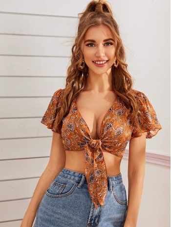 Knot Front Tribal Print Crop Top