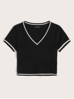 Contrast Striped Tape Rib-knit Crop Tee