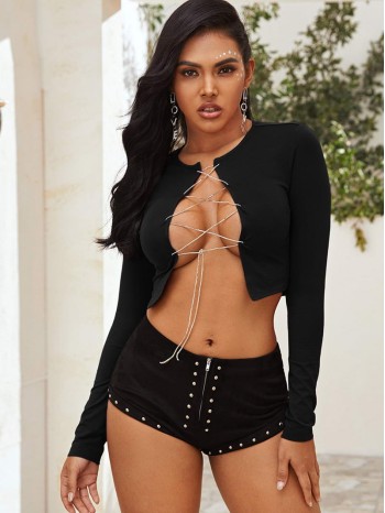 Rhinestone Chain Lace Up Crop Top