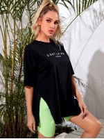 Drop Shoulder Split Hem Letter Graphic Tee