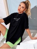 Drop Shoulder Split Hem Letter Graphic Tee