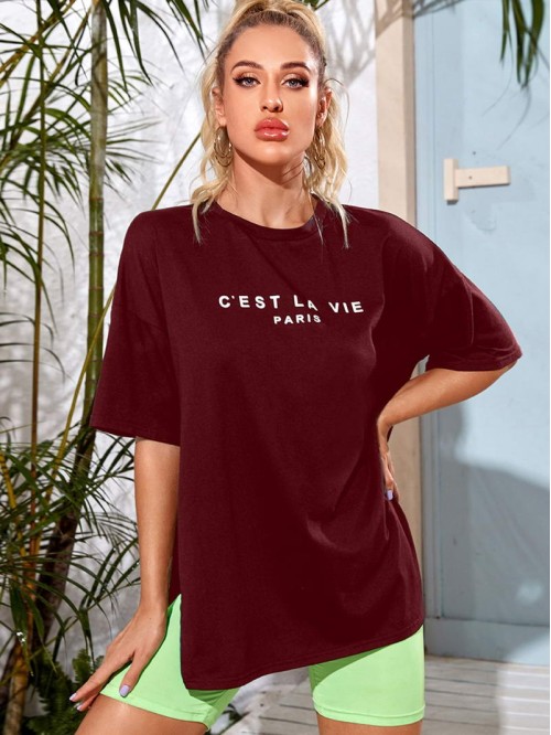 Drop Shoulder Slit Hem Slogan Graphic Tee