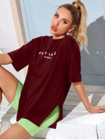 Drop Shoulder Slit Hem Slogan Graphic Tee