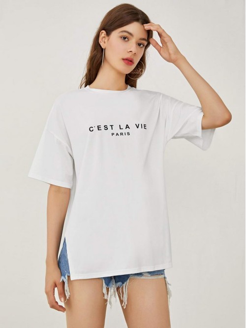 Drop Shoulder Slogan Graphic Longline Tee