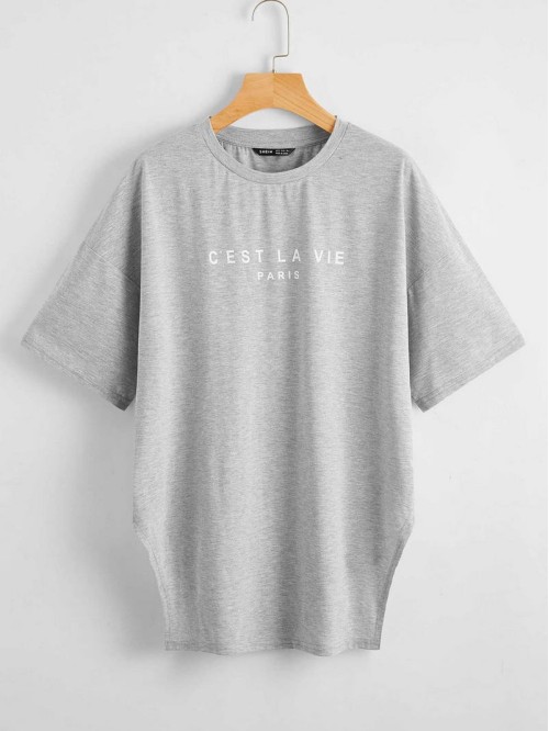 Drop Shoulder Slogan Graphic Longline Tee